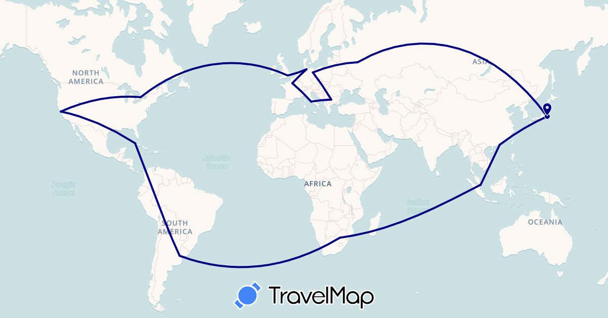 TravelMap itinerary: driving in Argentina, Bulgaria, Canada, Cuba, Germany, France, United Kingdom, Hong Kong, Italy, Japan, Netherlands, Russia, Singapore, United States, South Africa (Africa, Asia, Europe, North America, South America)